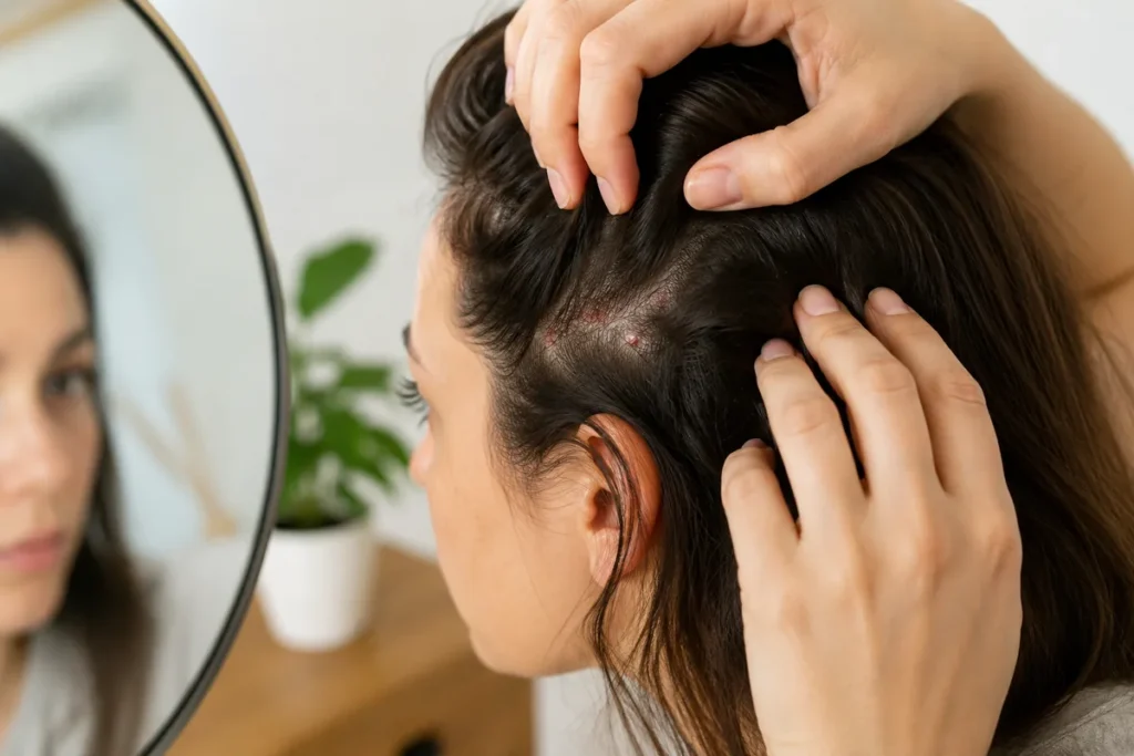 Femme examinant des boutons rouges sur son cuir chevelu pouvant évoquer une acné ou une folliculite.
