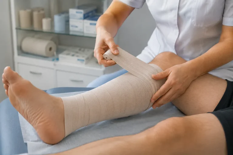 Professionnelle de santé posant une bande de contention classe 2 sur la jambe d’un patient.