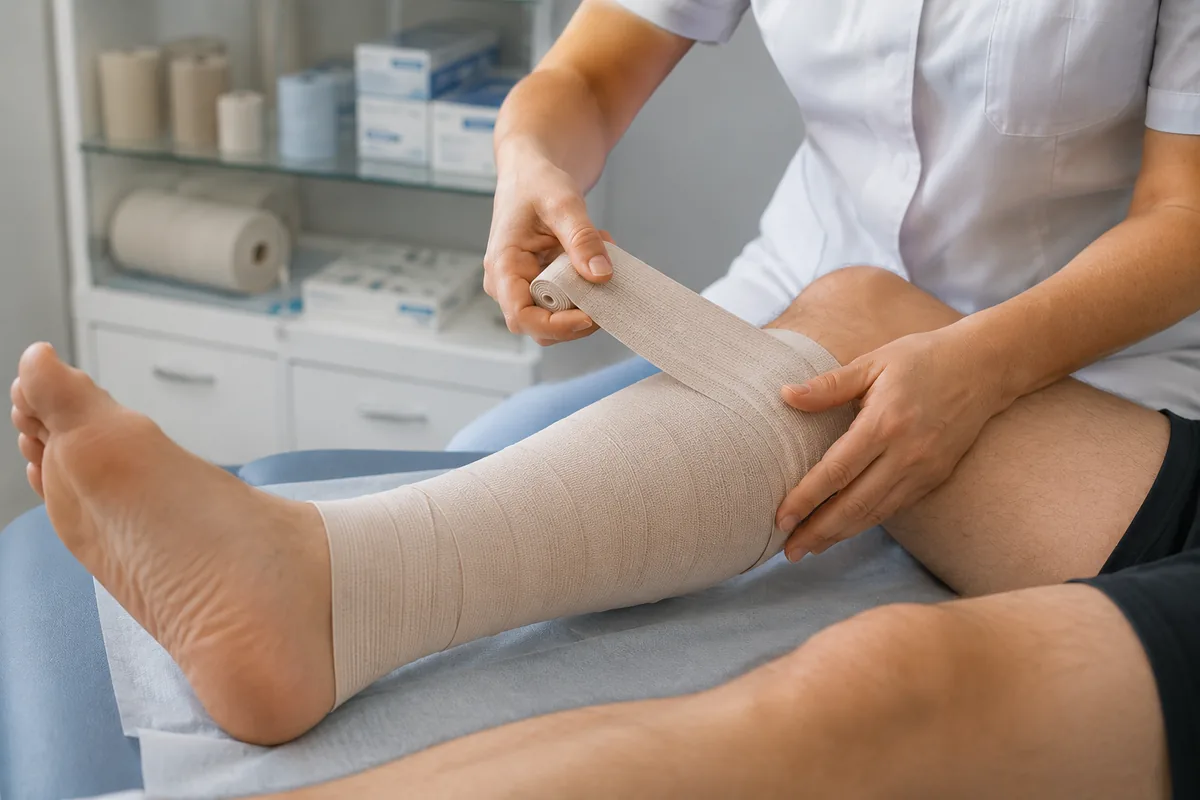 Professionnelle de santé posant une bande de contention classe 2 sur la jambe d’un patient.