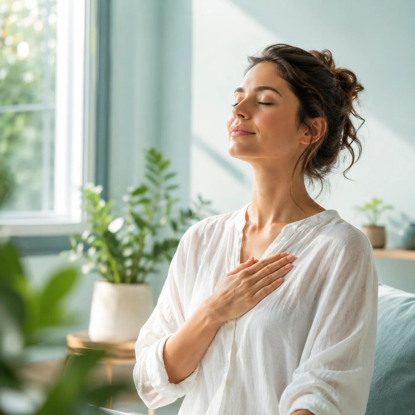 Femme pratiquant la respiration consciente dans un intérieur lumineux, symbole de bien-être et d’équilibre intérieur.