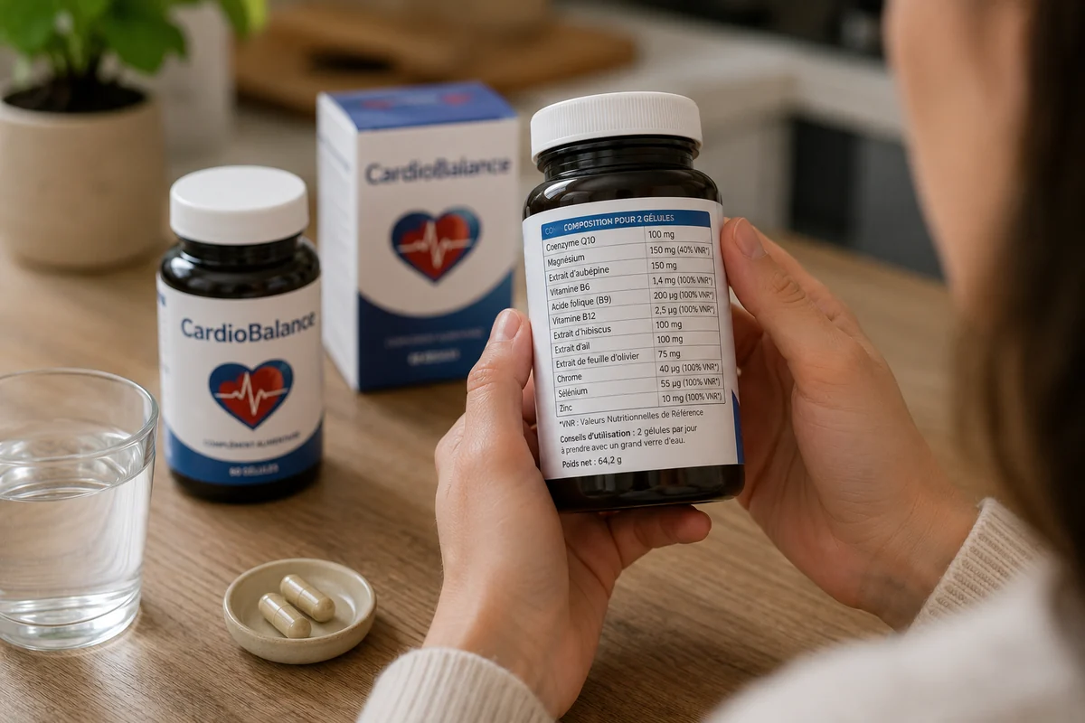 personne vérifiant la liste des ingrédients et le dosage sur l’étiquette du complément alimentaire