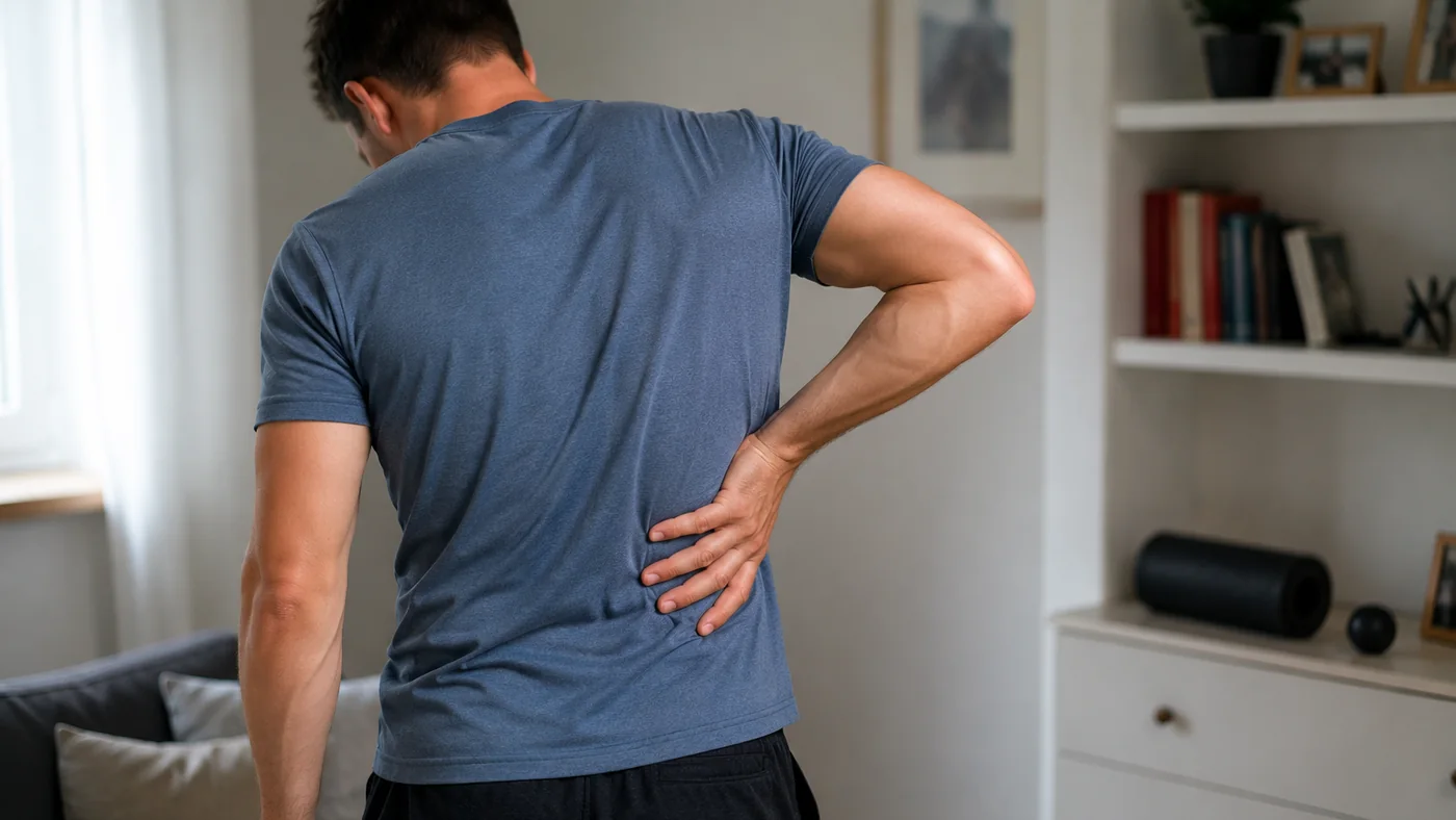 Homme souffrant d’une douleur du grand dorsal sur le côté du dos après un effort.