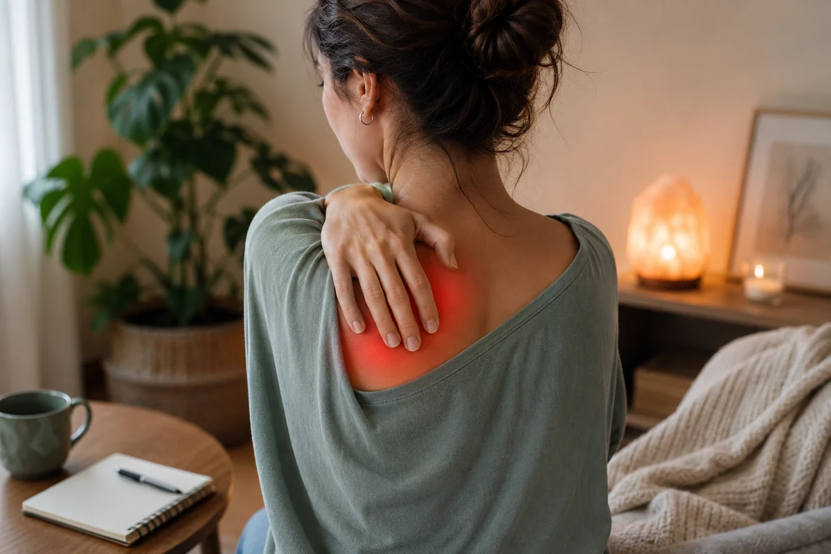 Douleur omoplate gauche signification spirituelle chez une femme ressentant une tension dans le haut du dos