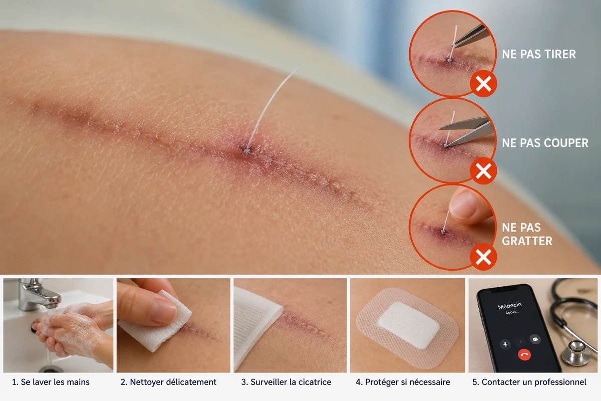 Fil résorbable qui ressort d’une cicatrice en cours de cicatrisation