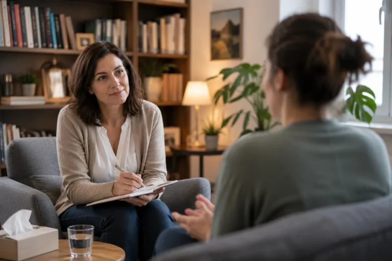 Une psychanalyste écoute attentivement une personne pendant une séance dans un cabinet chaleureux, calme et professionnel.