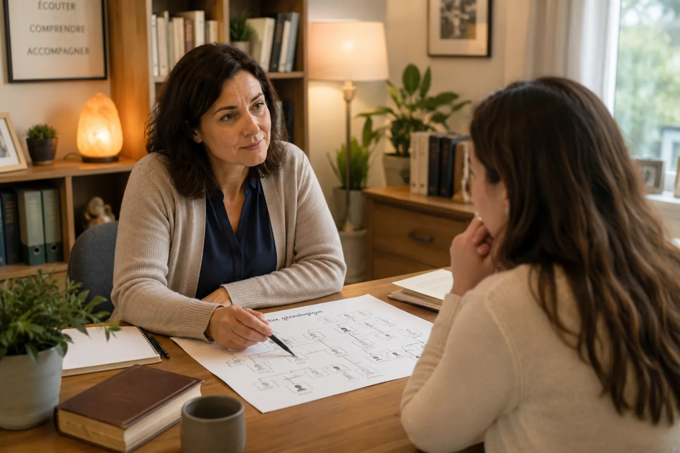 Une praticienne en psychogénéalogie accompagne une femme dans l’analyse de son arbre familial à l’aide d’un génosociogramme.