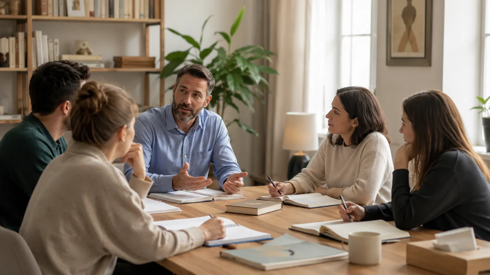 Formation en psychologie et psychanalyse avec un groupe d’adultes échangeant autour d’une table dans un cadre professionnel et chaleureux.