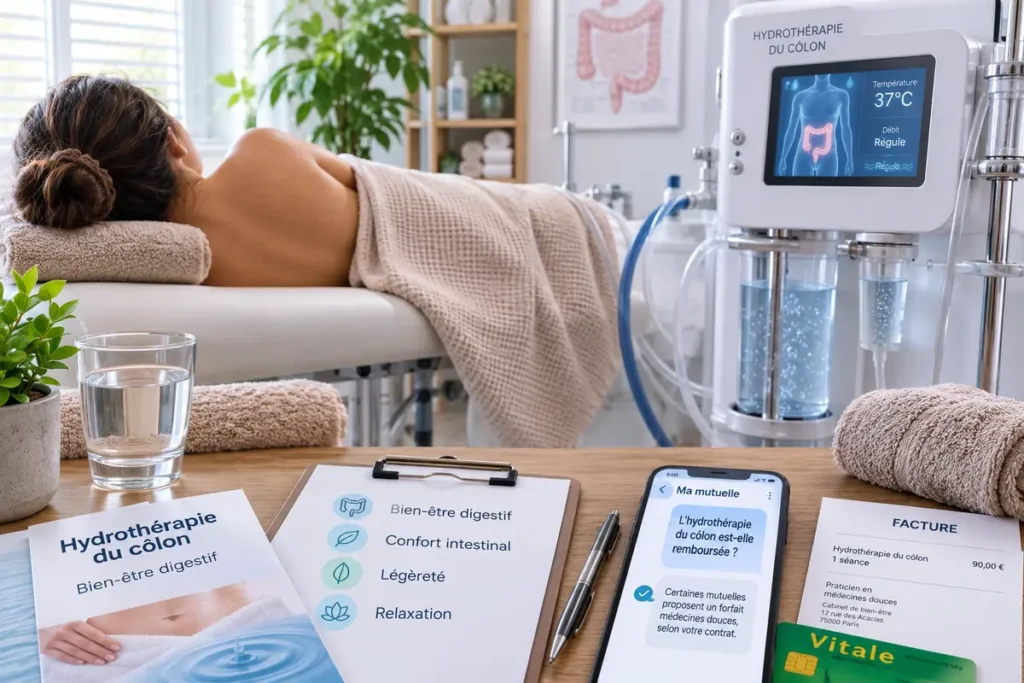 Hydrothérapie du côlon remboursement dans un cabinet de bien-être avec appareil spécialisé et documents de mutuelle