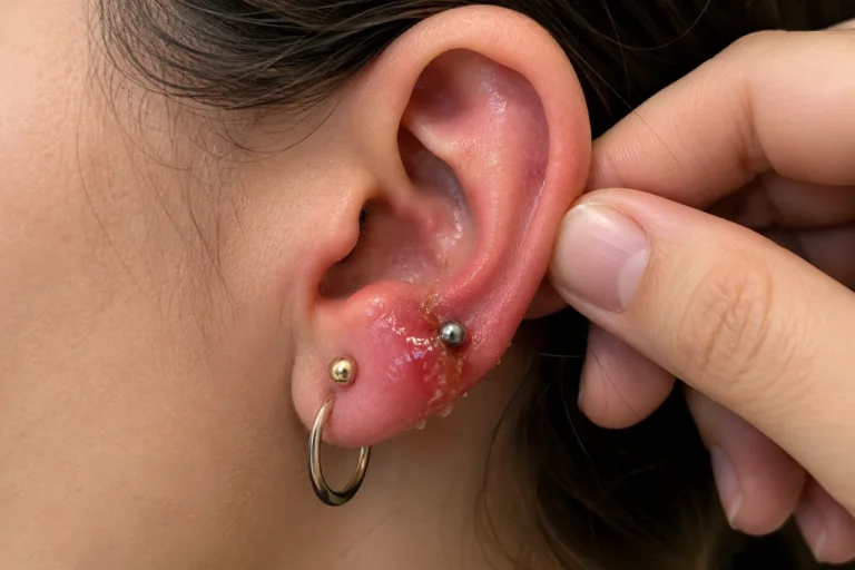 Infection de boucle d’oreille avec rougeur, gonflement et écoulement au niveau du lobe