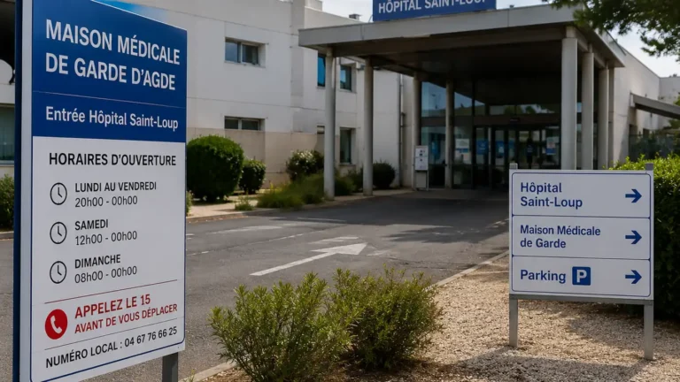 Entrée de la maison médicale de garde d’Agde située à l’Hôpital Saint-Loup, avec accès et signalisation extérieure.