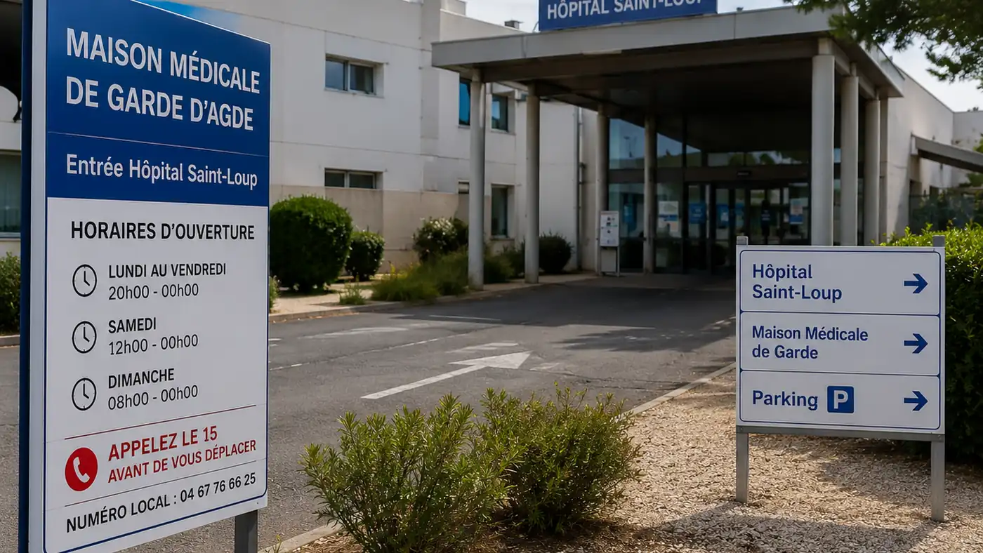 Entrée de la maison médicale de garde d’Agde située à l’Hôpital Saint-Loup, avec accès et signalisation extérieure.