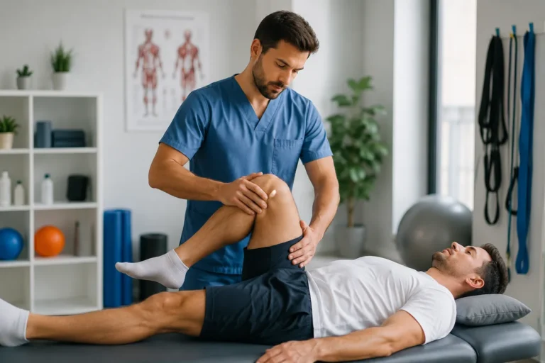 Masseur-kinésithérapeute diplômé d’État réalisant une séance de rééducation du genou avec un patient.