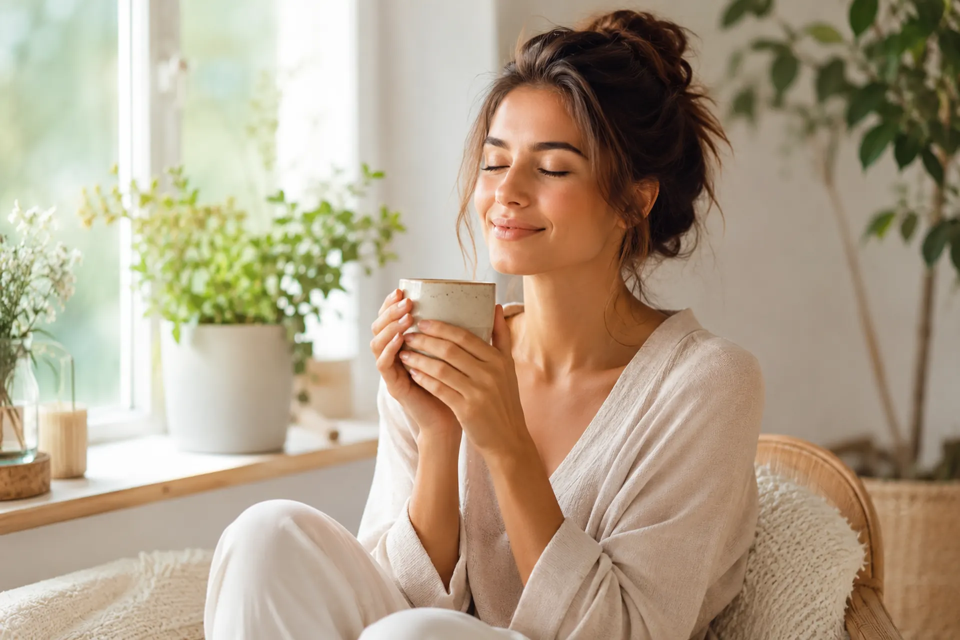 Femme profitant d’un moment de sérénité chez elle avec une tasse chaude, dans une ambiance douce et naturelle.