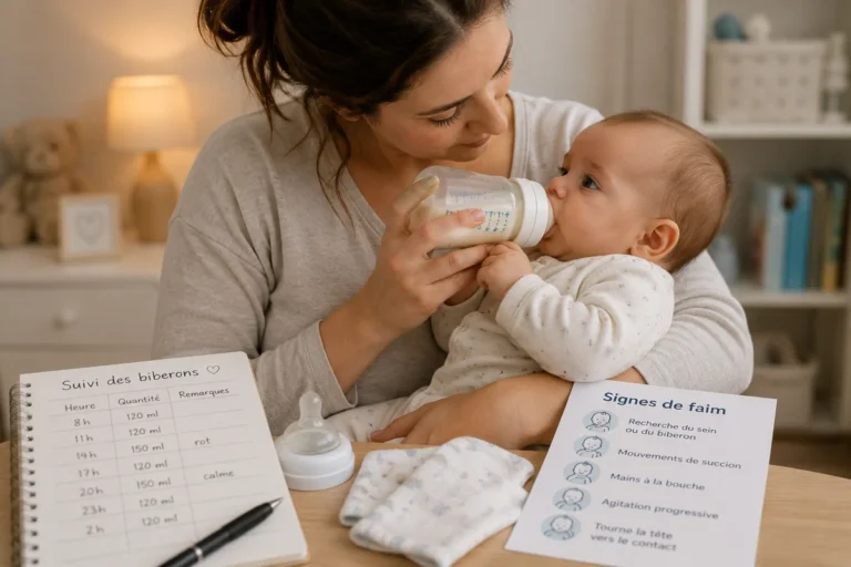 Bébé réclame un biberon toutes les 2 heures pendant que sa mère observe ses signes de faim