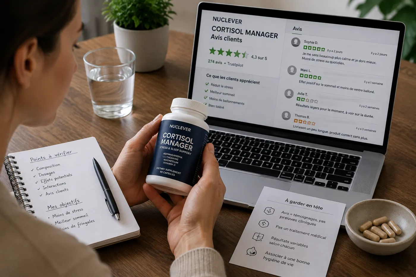 Femme consultant les avis clients sur Nuclever Cortisol Manager avant d’utiliser ce complément pour le stress et le sommeil.