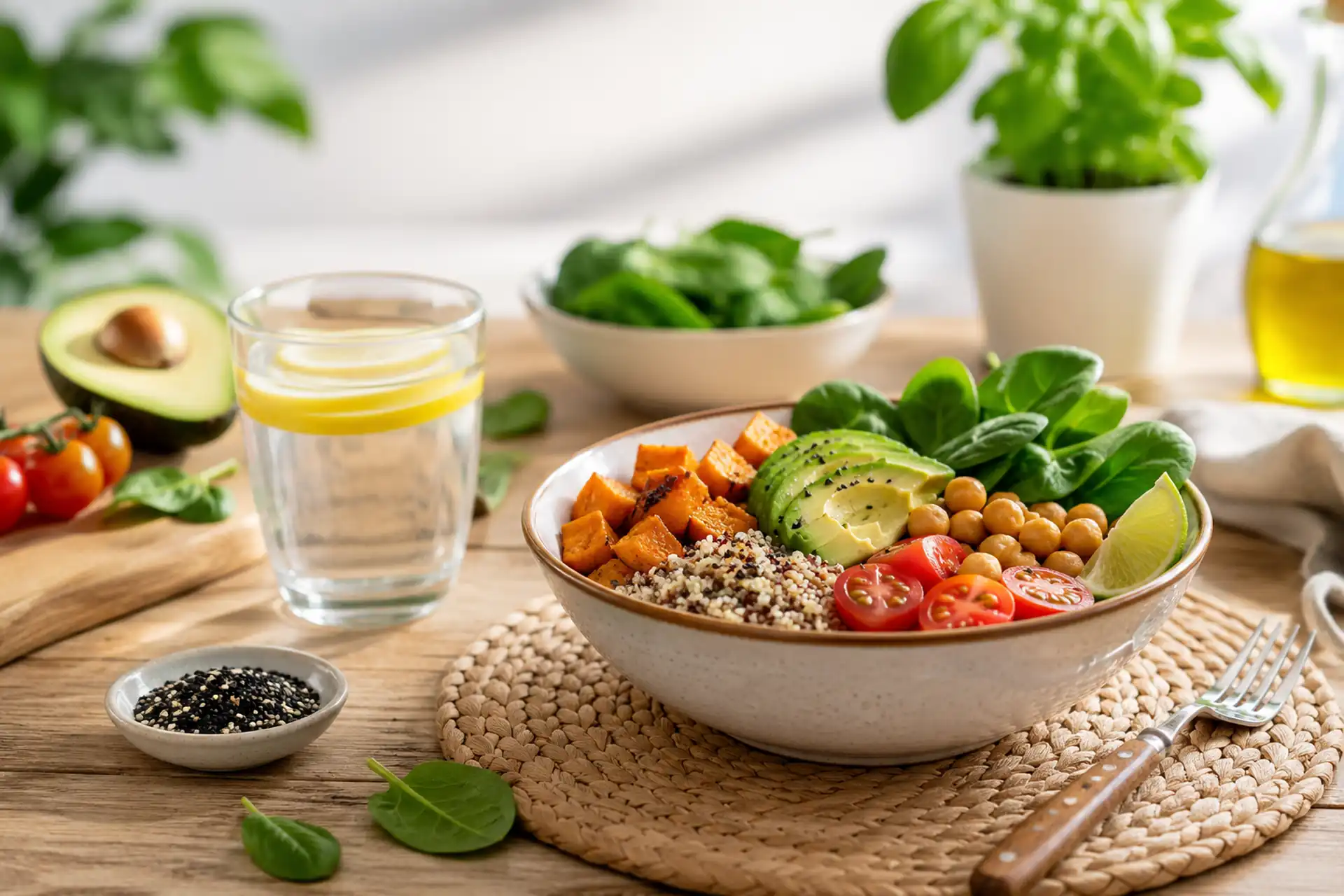 Bol coloré composé de légumes, avocat, pois chiches et céréales pour une alimentation saine et équilibrée.