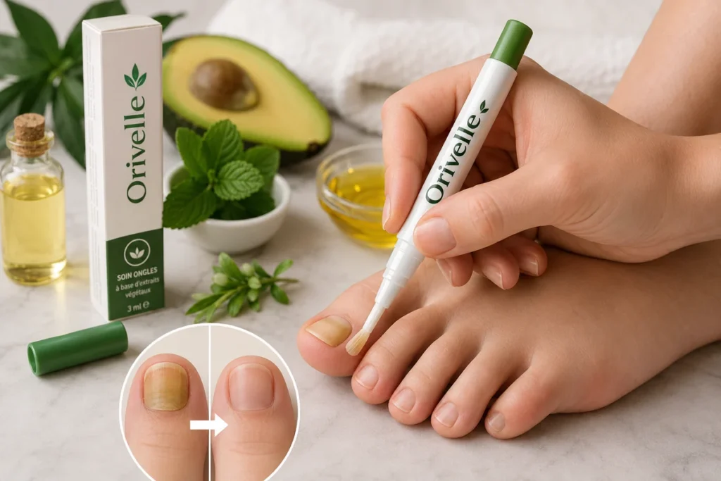 application d’un stylo cosmétique sur un ongle de pied dans une routine de soin