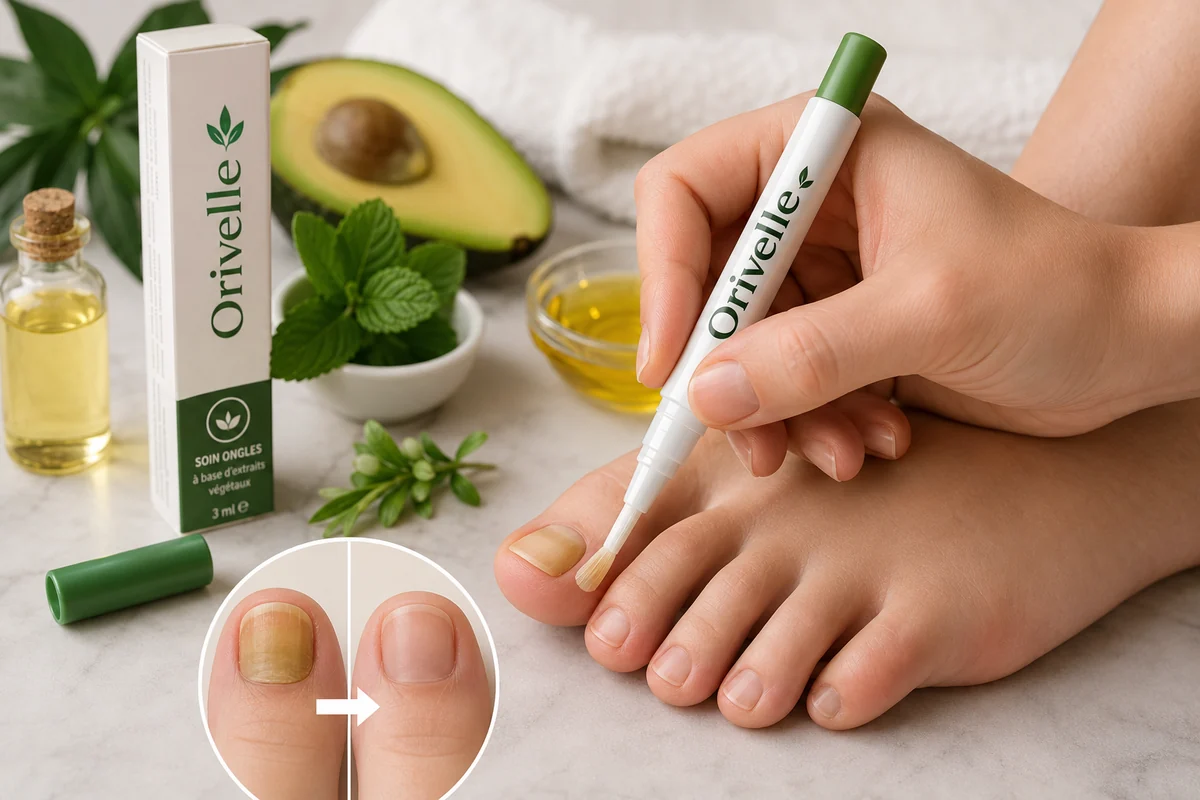 application d’un stylo cosmétique sur un ongle de pied dans une routine de soin
