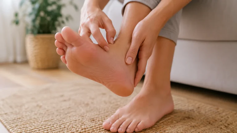 Personne se grattant la plante du pied gauche en raison d’une démangeaison persistante.