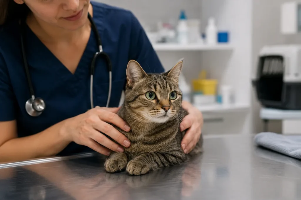 Chatte examinée par une vétérinaire avant la prescription d’une pilule contraceptive