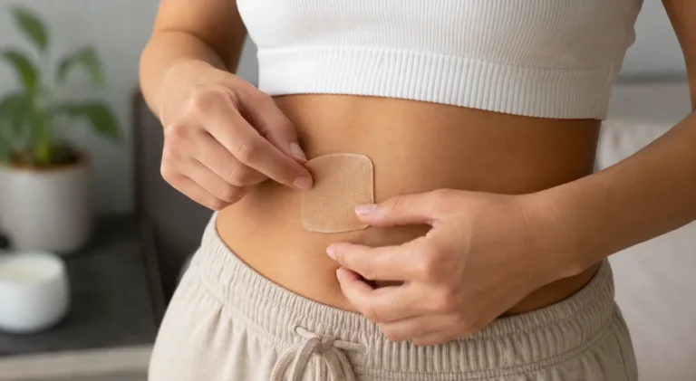 Personne appliquant un patch Purisaki minceur sur le ventre à domicile
