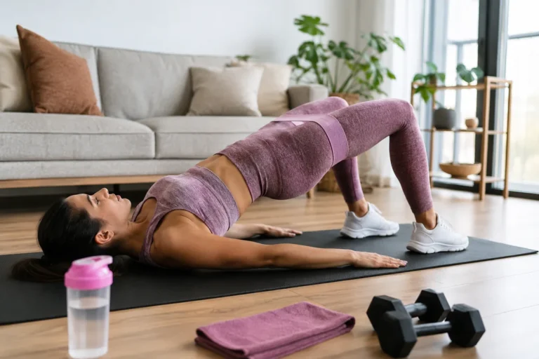 Femme réalisant un pont fessier à domicile pour développer naturellement les muscles des fessiers.