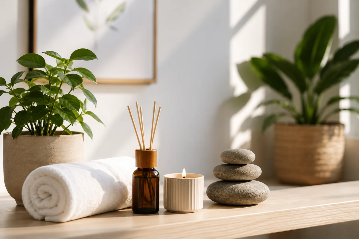 Rituel de bien-être naturel avec bougie, serviette, diffuseur, plantes vertes et galets zen.