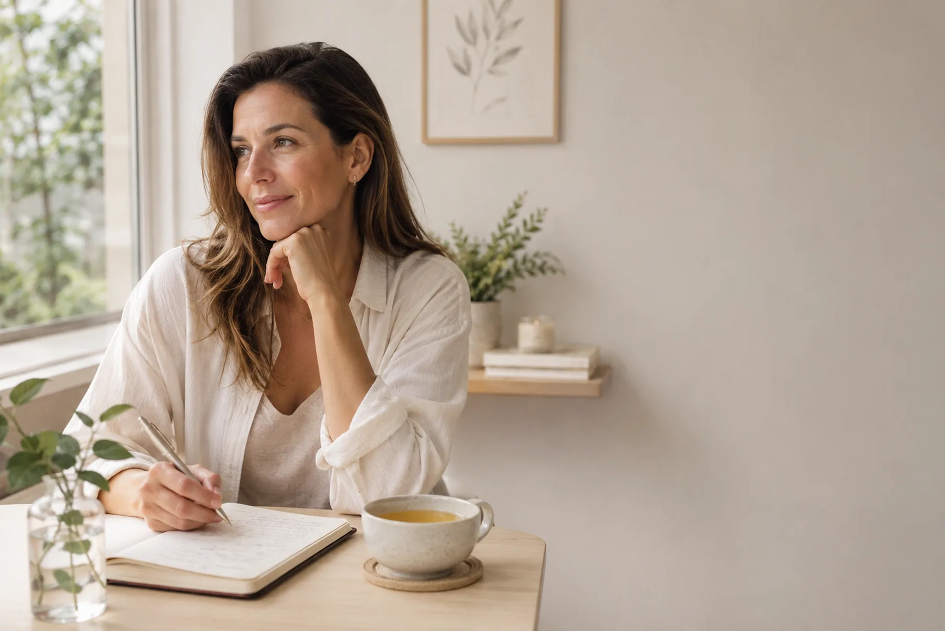 Femme prenant un moment pour écrire dans un carnet et cultiver son équilibre intérieur.
