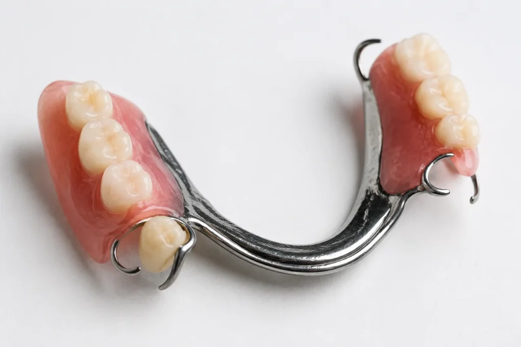 Stellite mandibulaire avec châssis métallique, barre linguale et dents en résine