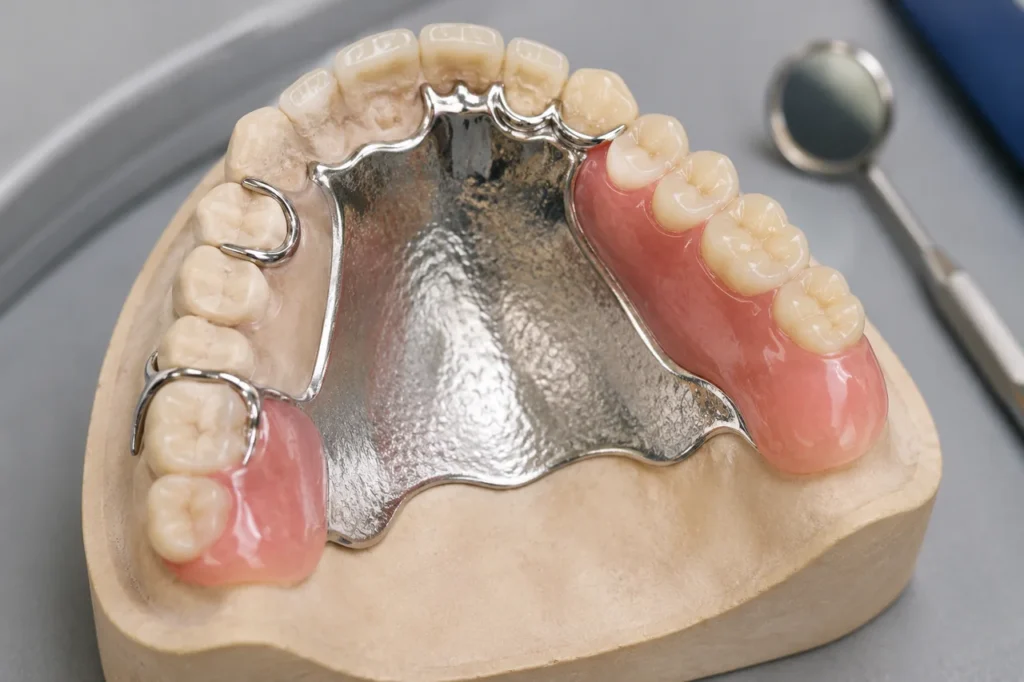 Stellite maxillaire avec châssis métallique, plaque palatine et dents en résine