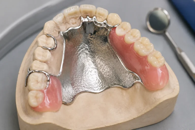 Stellite maxillaire avec châssis métallique, plaque palatine et dents en résine