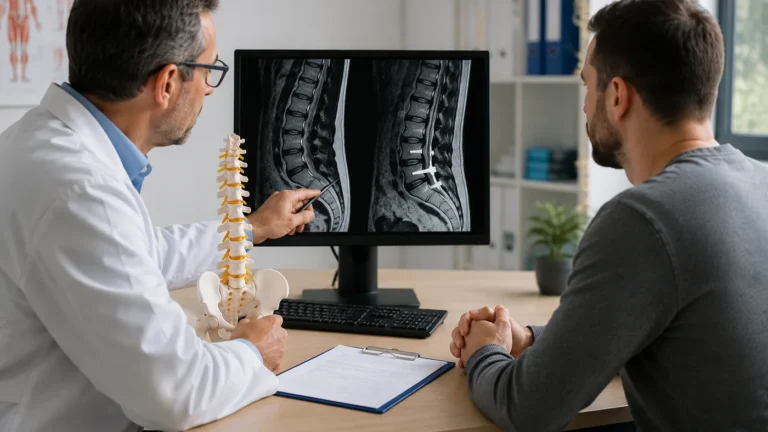 Médecin expliquant à un patient les séquelles possibles d’une arthrodèse L5-S1 à partir d’une IRM lombaire.