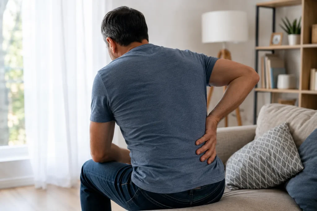 Homme souffrant d’une douleur lombaire liée à une arthrose inter apophysaire postérieure