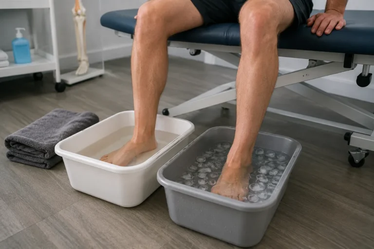 Bain écossais en kinésithérapie avec alternance de bain chaud et froid pour les pieds