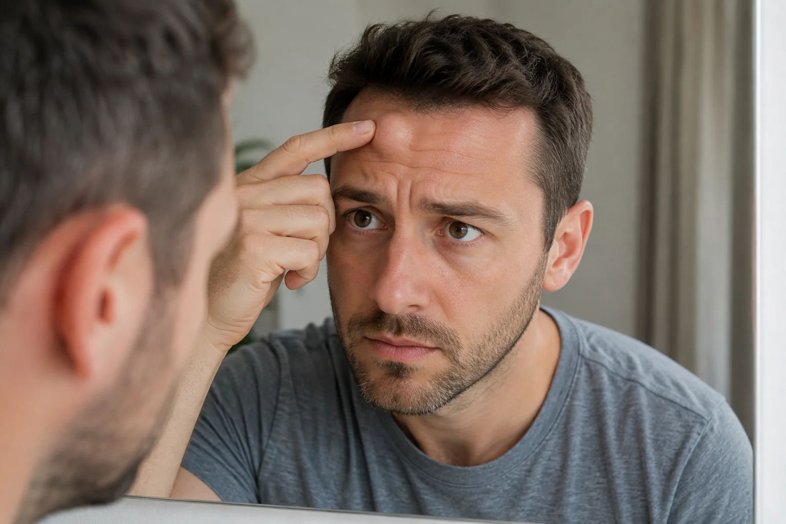 Homme observant une bosse frontale dans un miroir