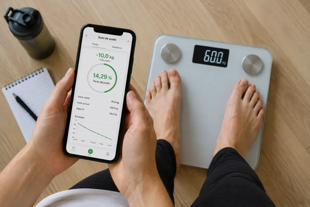 Personne suivant son pourcentage de perte de poids sur une balance et une application de suivi.