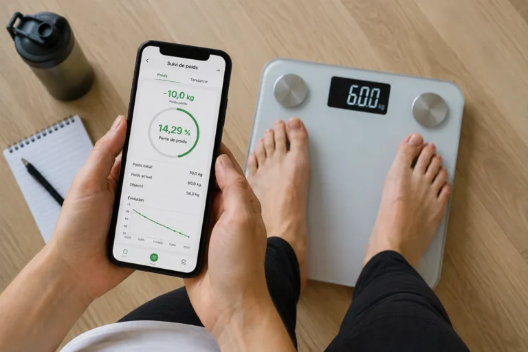 Personne suivant son pourcentage de perte de poids sur une balance et une application de suivi.
