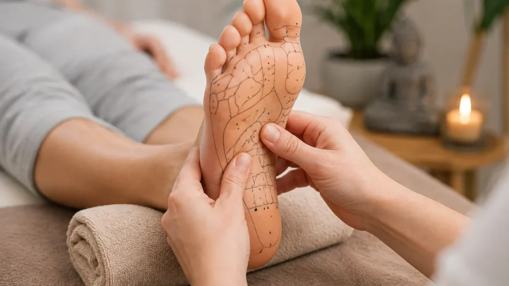 Praticienne exerçant une pression douce sur les zones réflexes de la plante du pied pendant une séance de réflexologie