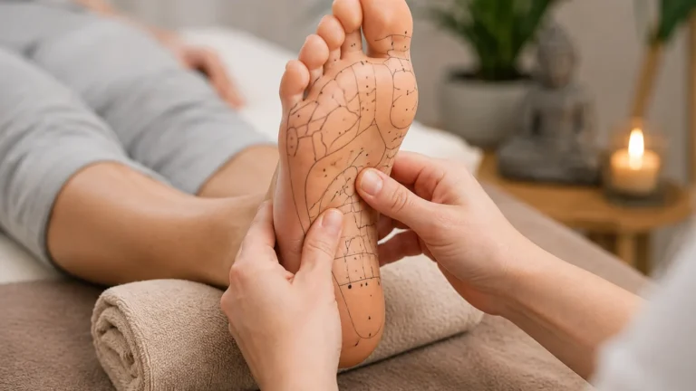 Praticienne exerçant une pression douce sur les zones réflexes de la plante du pied pendant une séance de réflexologie