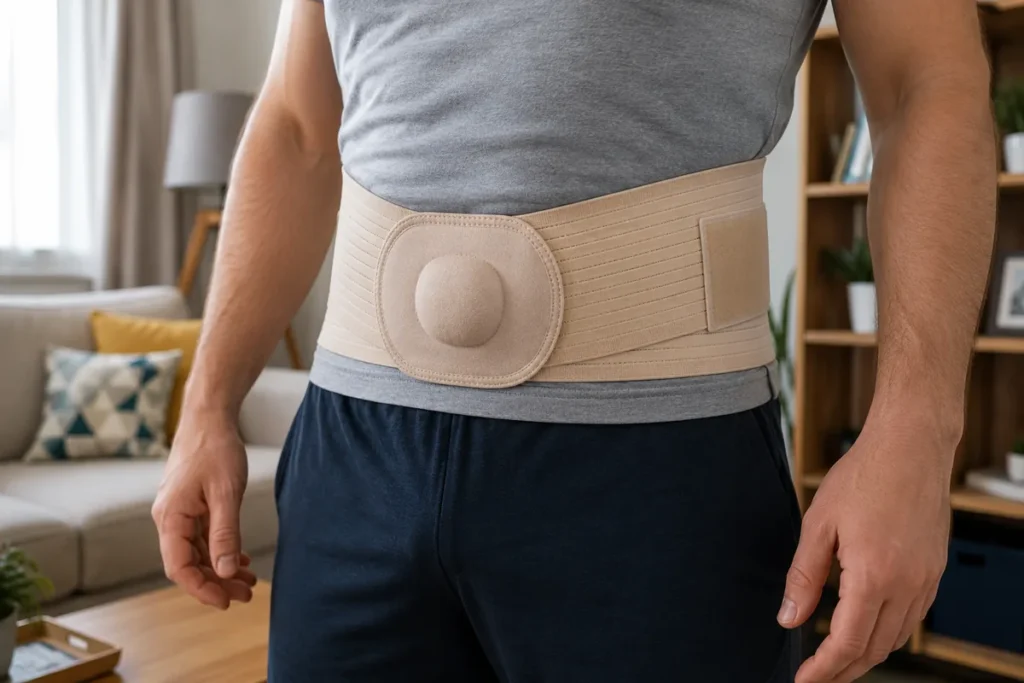 Homme portant une ceinture pour hernie ombilicale avec pelote de maintien abdominal