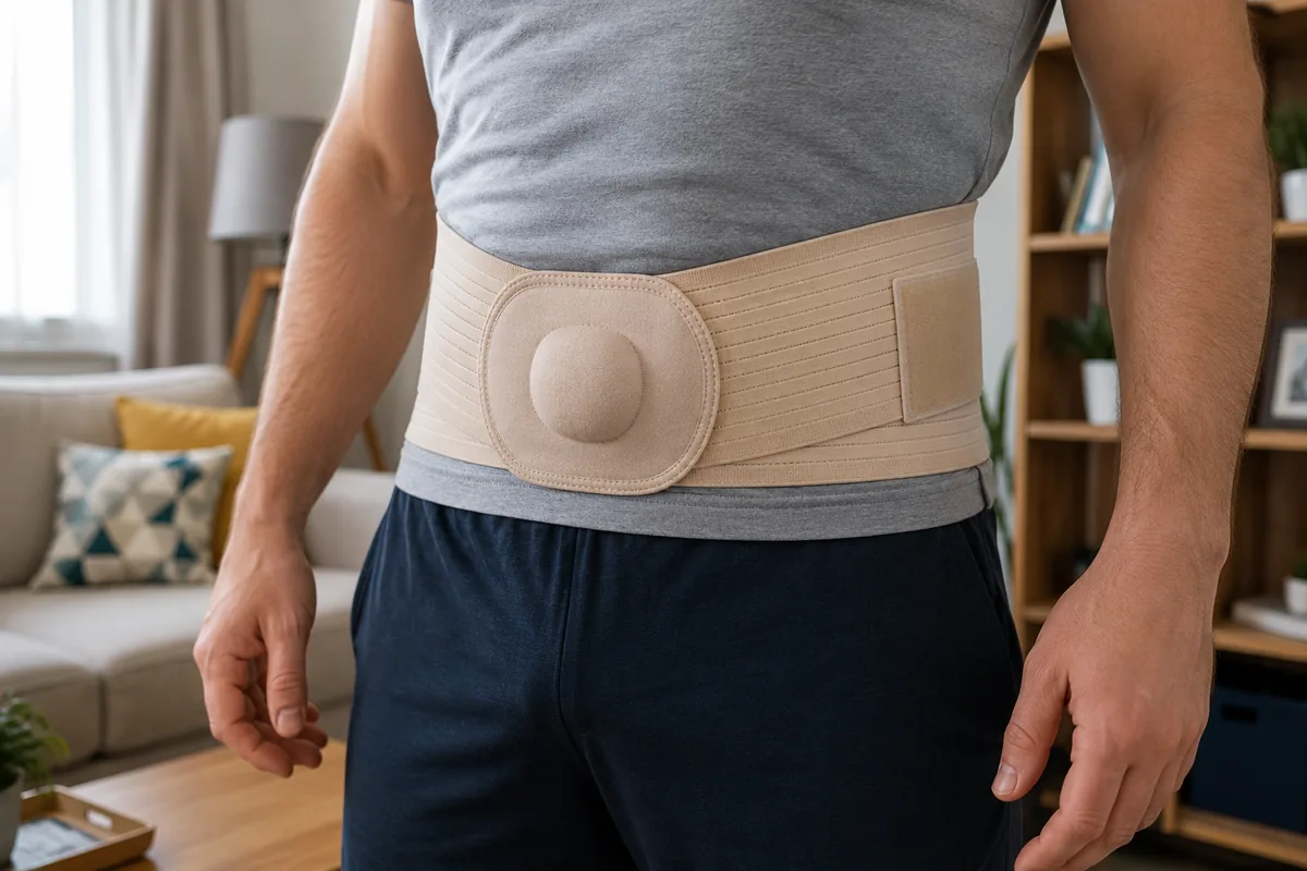 Homme portant une ceinture pour hernie ombilicale avec pelote de maintien abdominal