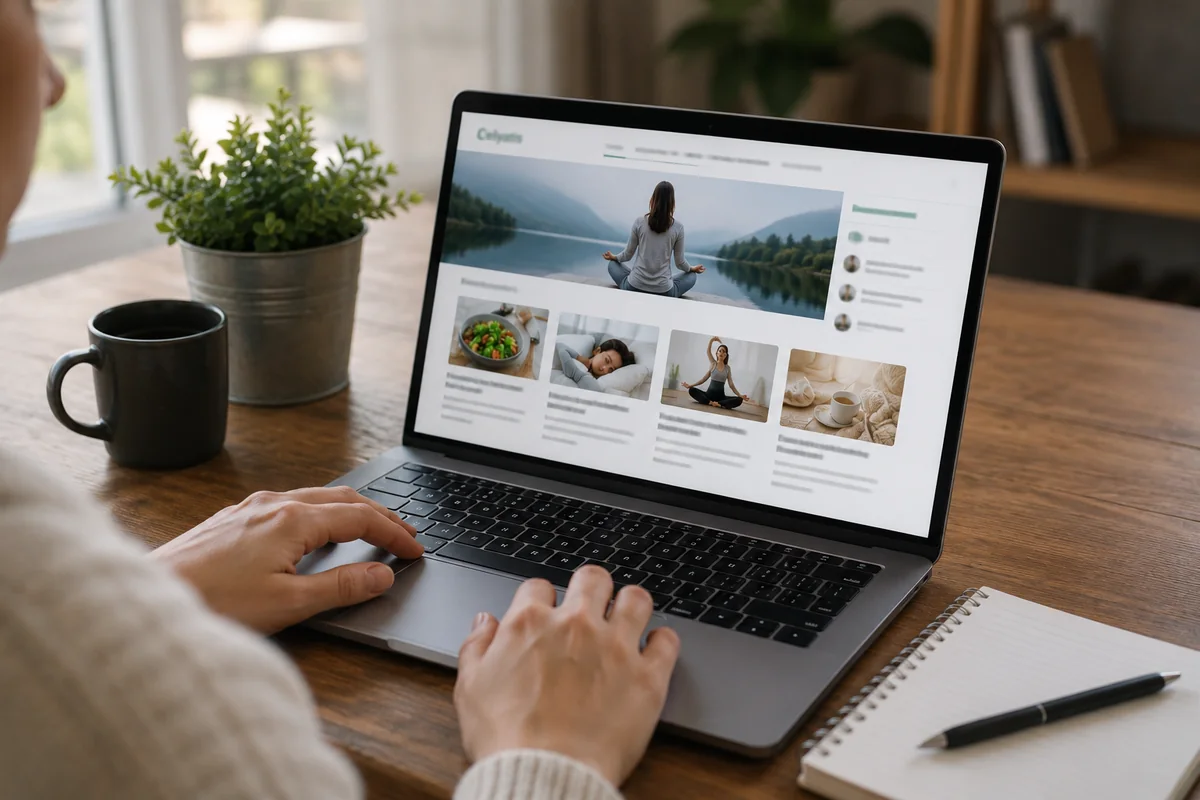 Personne consultant le blog santé et bien-être Celyatis sur un ordinateur portable à domicile.