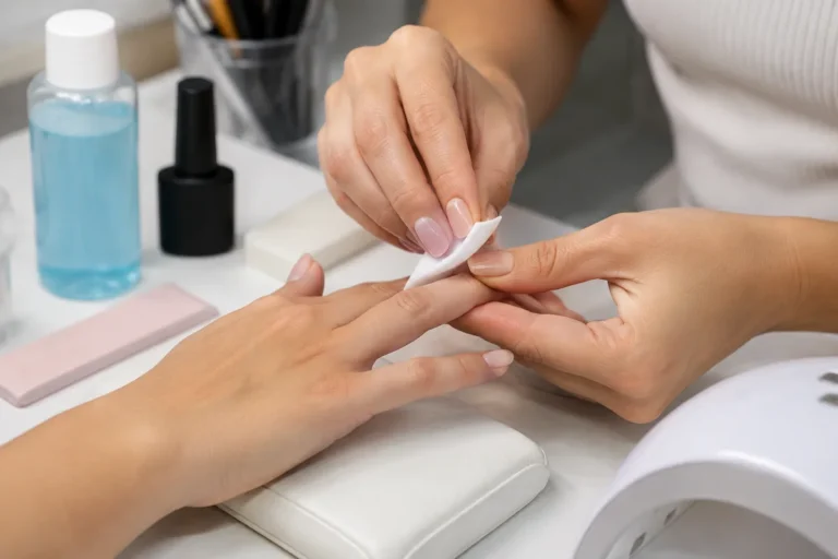Utilisation d’un cleaner pour dégraisser les ongles avant une pose de gel