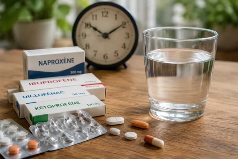 Anti-inflammatoires et verre d’eau illustrant leur durée de présence dans le sang