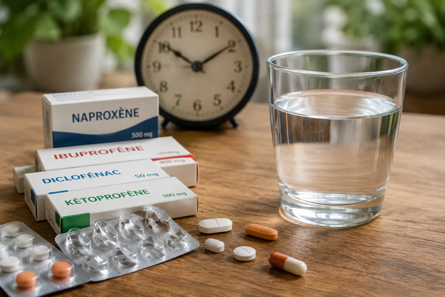 Anti-inflammatoires et verre d’eau illustrant leur durée de présence dans le sang