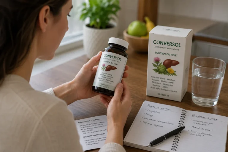 Femme vérifiant la composition et les effets secondaires de Conversol avant de l’associer à un traitement pour la thyroïde.