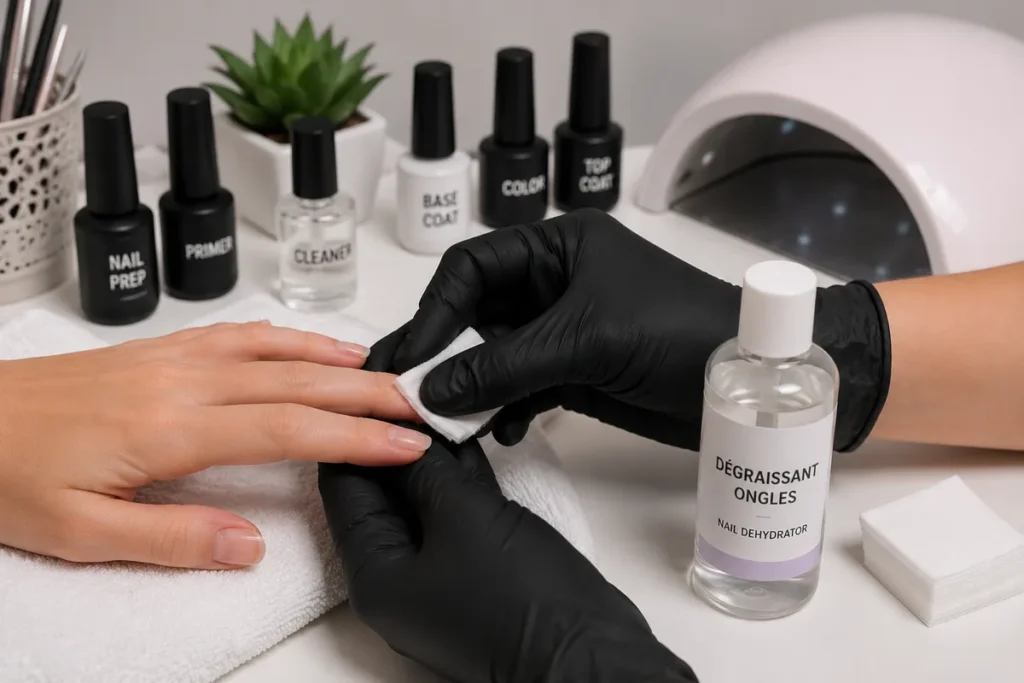 Application d’un dégraissant ongle avant la pose de gel ou de vernis semi-permanent