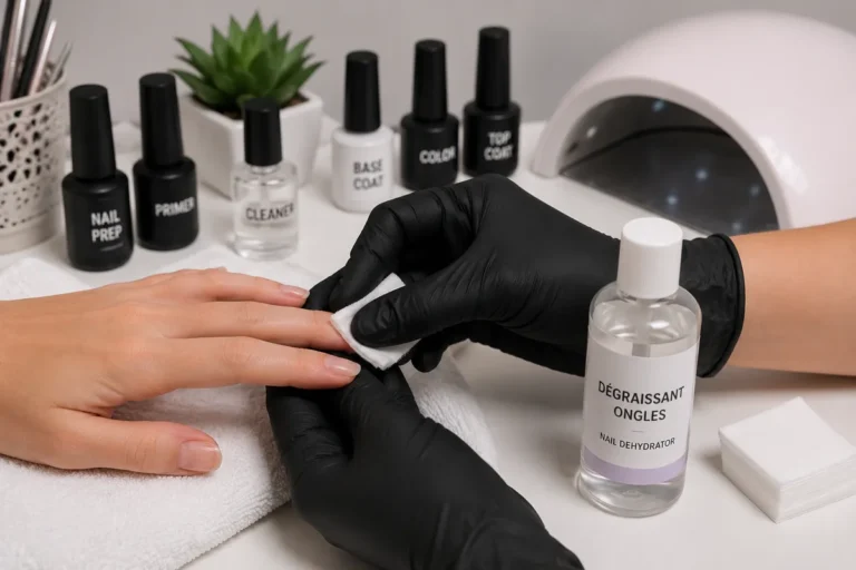 Application d’un dégraissant ongle avant la pose de gel ou de vernis semi-permanent