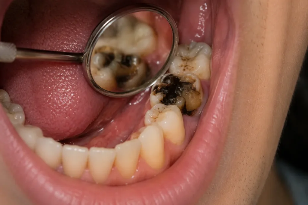 Dent pourrie avec carie profonde examinée par un chirurgien-dentiste