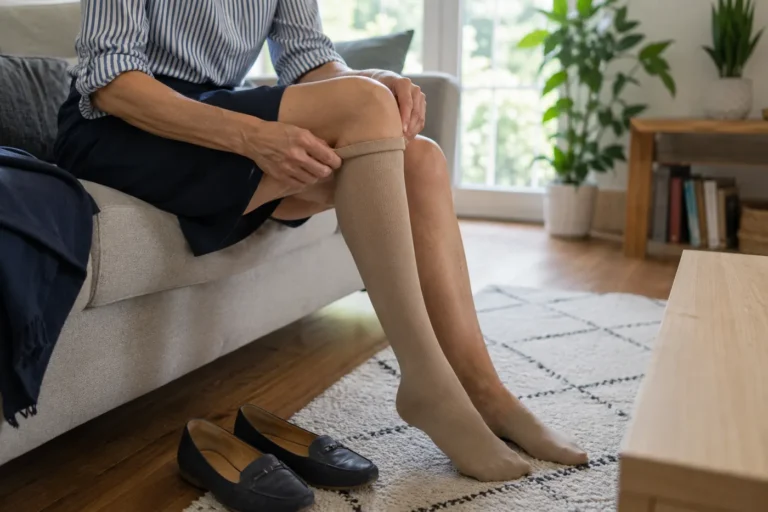 Personne ajustant un bas de contention sur sa jambe pour éviter les plis, le roulement et l’effet garrot.